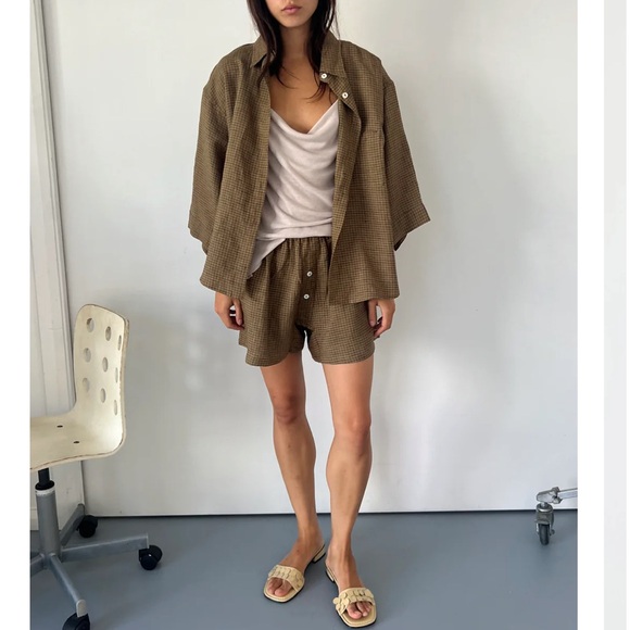 DEIJI STUDIOS The 03 Set in Pine Check French Linen Shirt Shorts - Picture 3 of 4